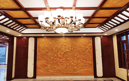 三穗中式别墅客厅中式木作横梁吊顶装饰展示